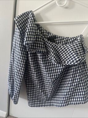 J. Crew Navy and White Gingham one shoulder ruffle Blouse